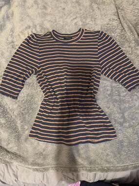 Lucky Brand Women's Blue Orange Striped Puff Sleeve T-Shirt Size S